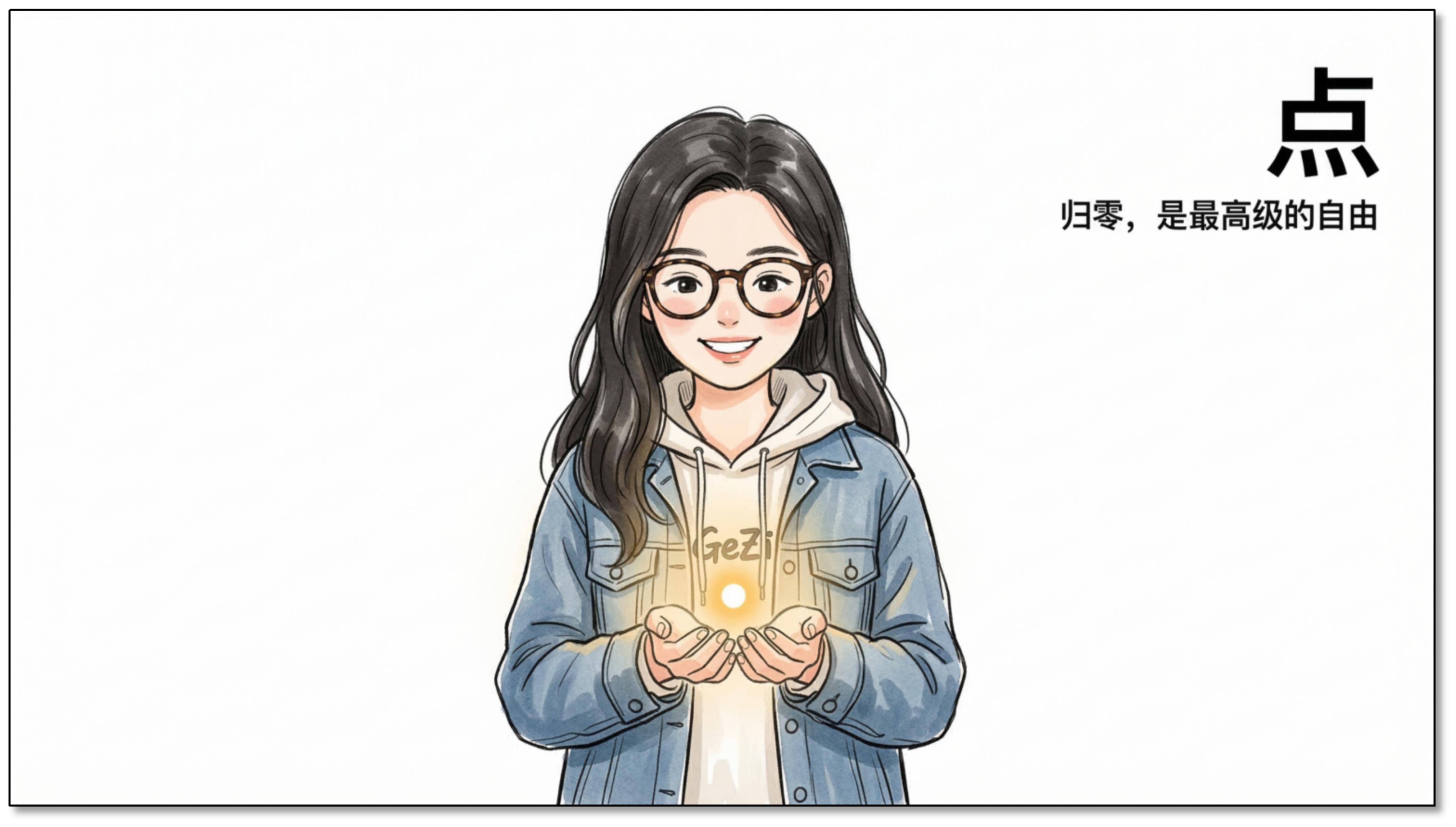 点——归零，是最高级的自由：格子捧着一个发光小点的插图